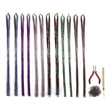 Комплект за удължаване на косата и мишуры Цветна Лъскава сърма за удължаване на косата с набор от 3,94 метра Мишуры за коса на ярки цветове с инструменти за парти