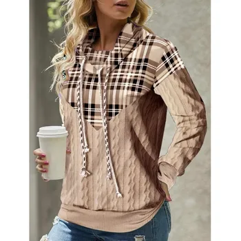 Мода 2023, дамски hoody, есента Жаккардовый пуловер с шарка на кабела в клетката, пуловер с качулка и дълъг ръкав, всекидневни топ, блузи, дрехи