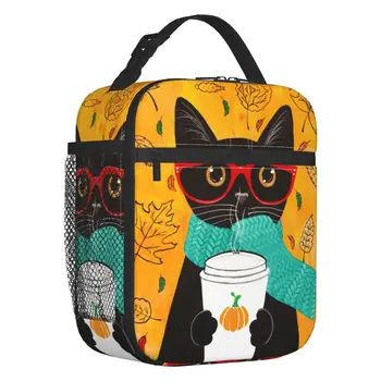 Черна котка Изолирано чанта за обяд за жени, фланец термоохладитель за кафе, с тиква, кутия за обяд, на офиса, на Работа, на училище